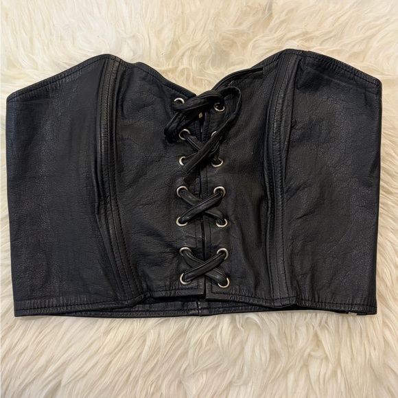 Vintage Berman Black Leather Lace Up Corset Top M/L Y2K Grunge Gorpcore Biker - Picture 2 of 6